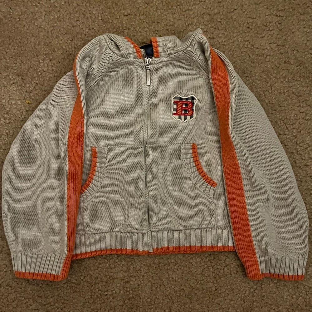 Burberry Kids Gray and Orange Knit Zip Up Sweater with Hood